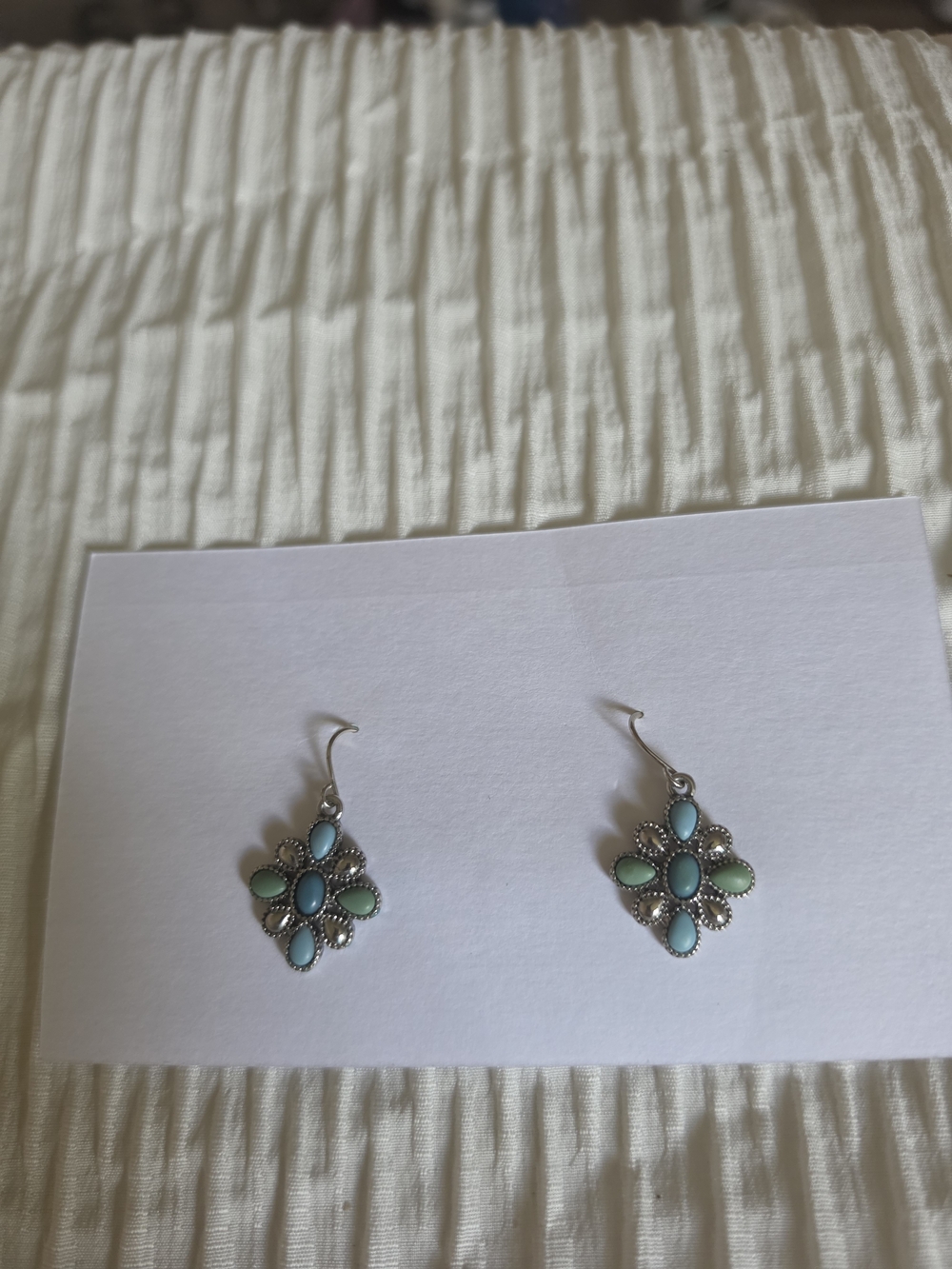 Silver Blue-Green Teardrop Flower Dangle Earrings
